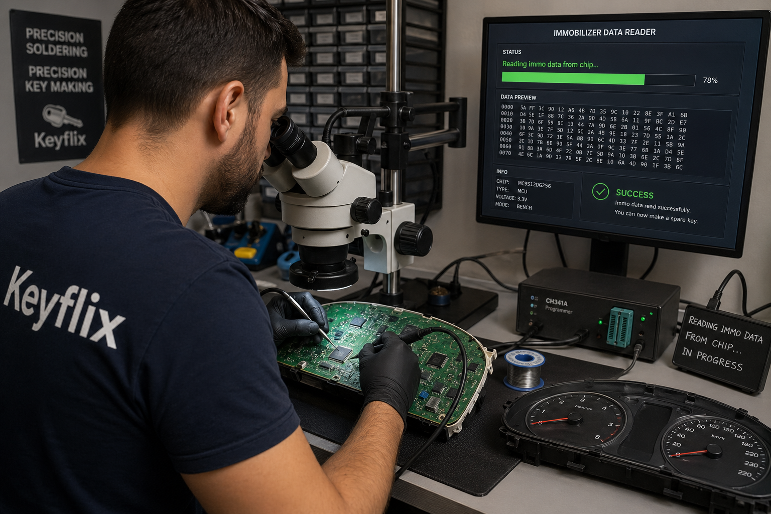 Modern locksmith working with electronic diagnostics equipment